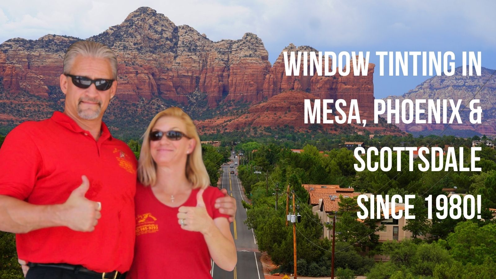 The Made In The Shade owners in Mesa, Arizona, in front of the red rocks they've served since 1980